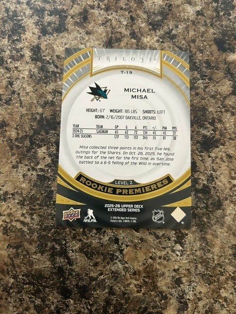 2025-26 Upper Deck Level 2 Trilogy Rookie Premieres Michael Misa #T-19 RC /499