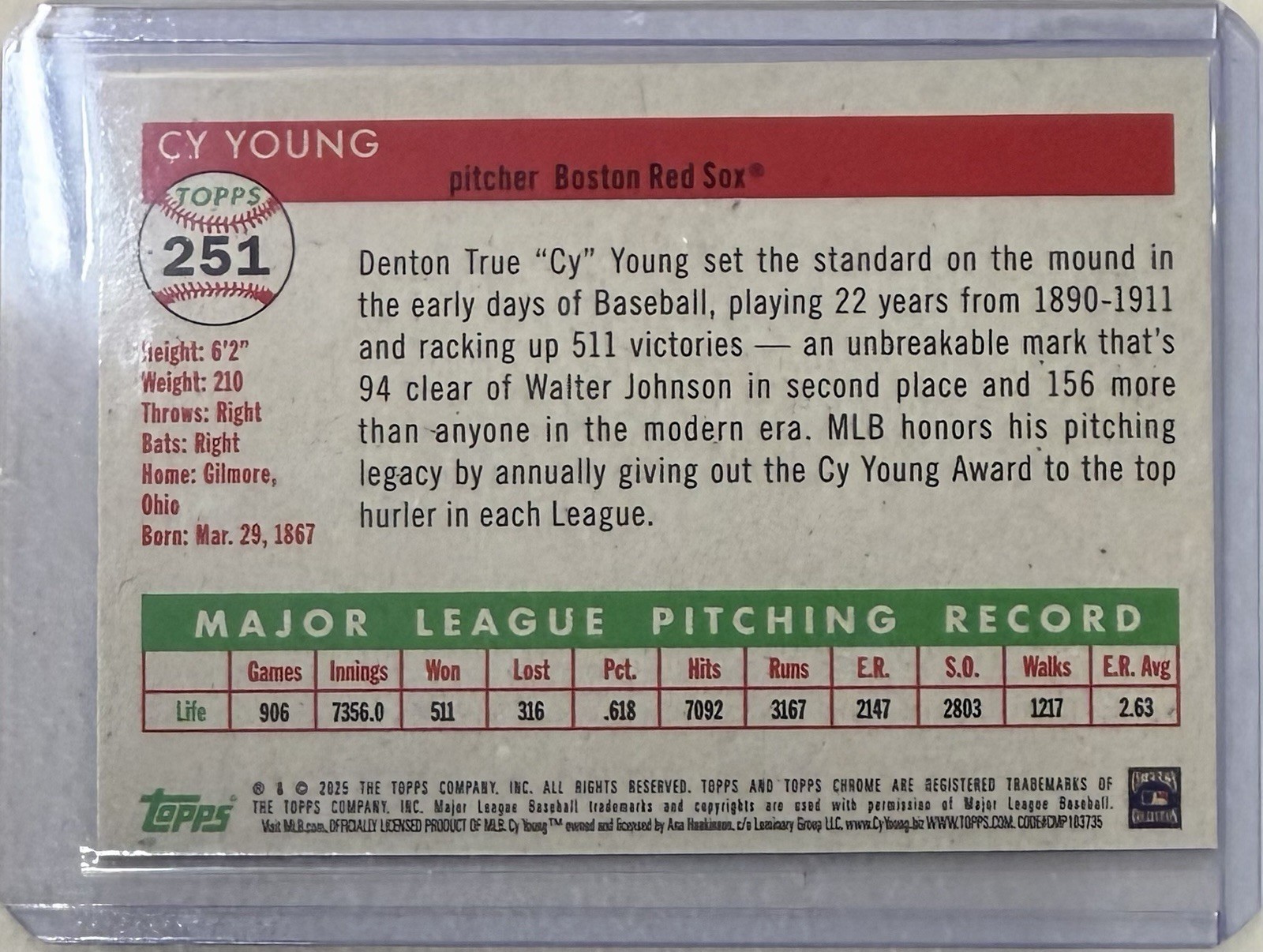 2025 Topps Chrome Platinum CY YOUNG Silver Prism Refractor 251 Boston Red Sox