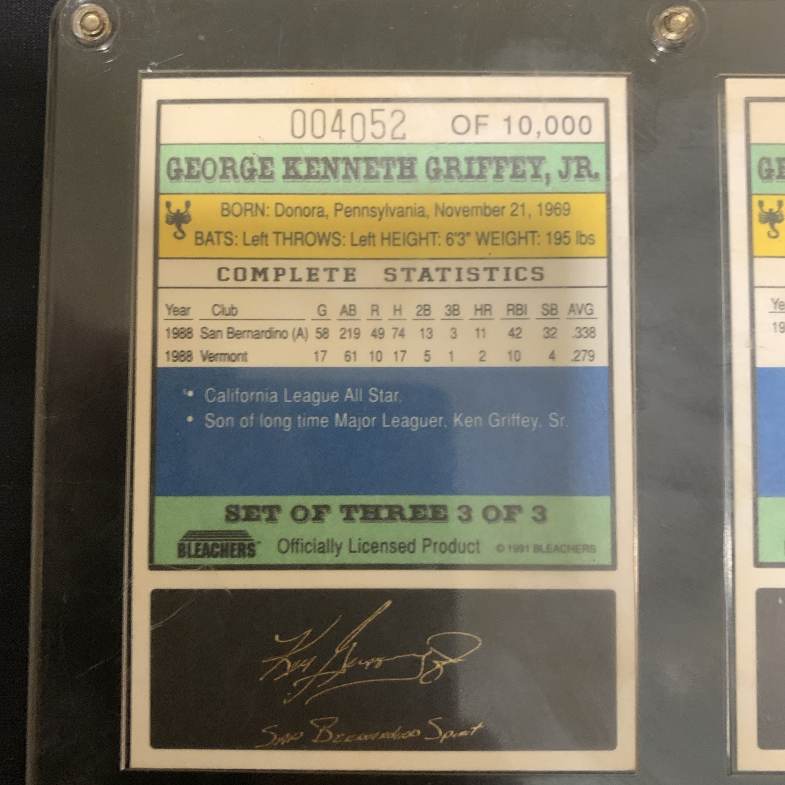 Ken Griffey JR 1991 Bleachers Baseball 23KT (3) Card Matching # Set /10000