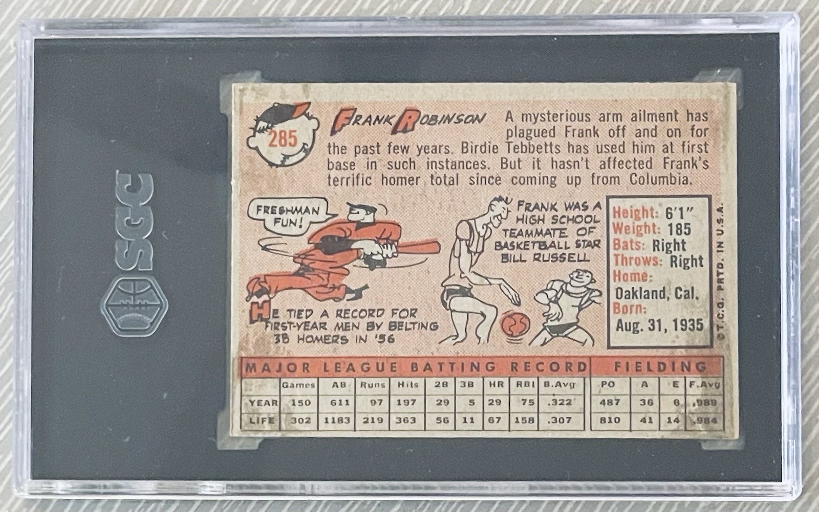 1958 TOPPS FRANK ROBINSON CARD #285 SGC AUTHENTICATED VERY GOOD LOOKS LIKE A 4