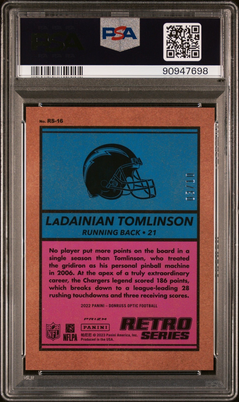2022 Optic Ladainian Tomlinson #RS16 Retro Series Gold /10 PSA 9 Chargers