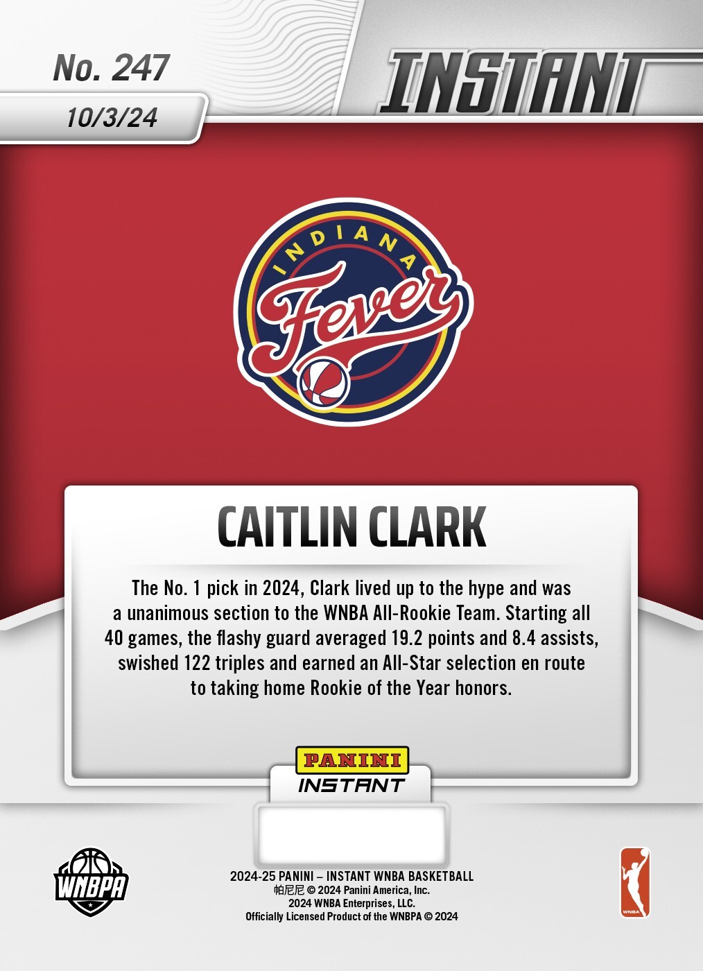 Graded 10 CAITLIN CLARK All Rookie Team 2024 Panini Instant #247 WNBA RC Card