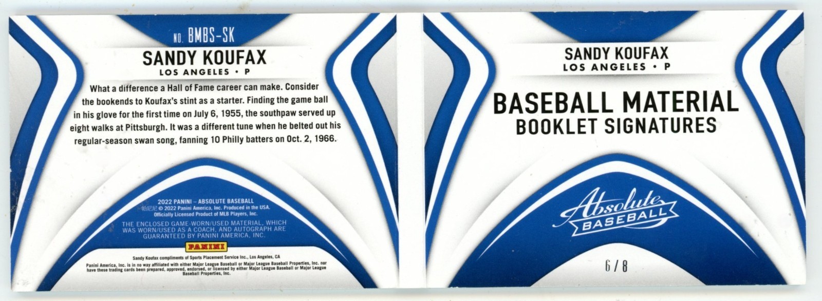 Sandy Koufax 2022 Panini Absolute Auto Booklet Game Used Patch /8 Dodgers HOF