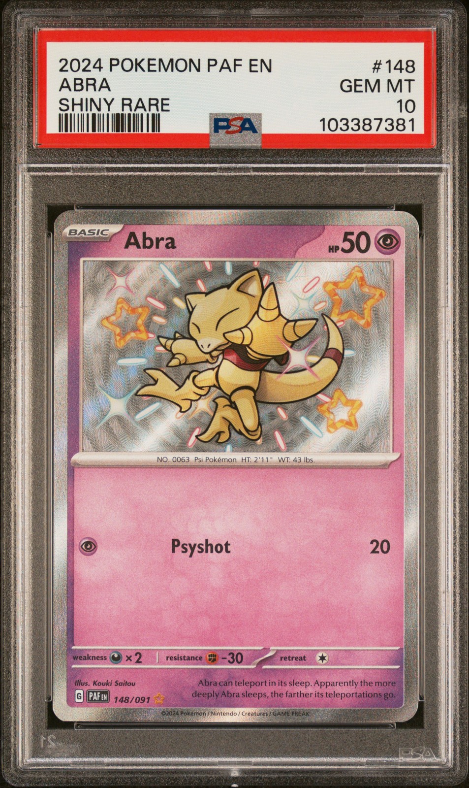 2024 Pokemon Paf En-Paldean Fates #148 Abra Shiny Rare PSA 10