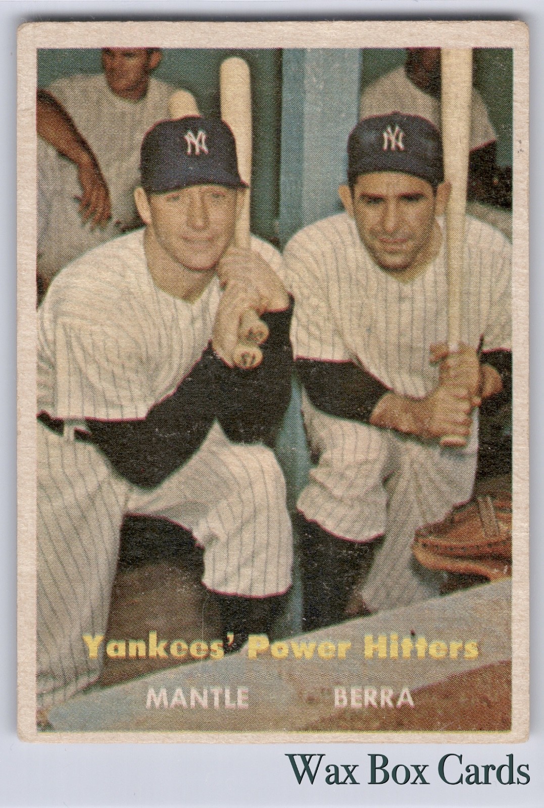 1957 Topps #407 Yankees’ Power Hitters Mantle, Berra VG+