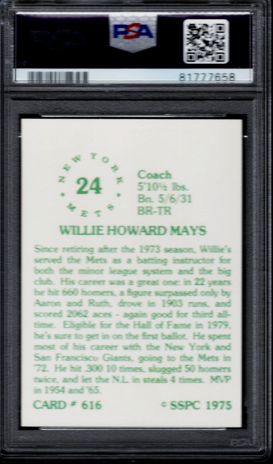 PSA 10 – 1975 SSPC #616 Willie Mays New York Mets HOF