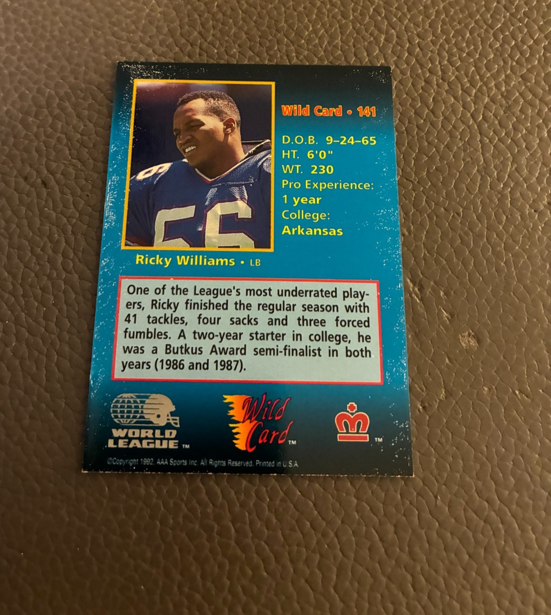 1992 Wild Card WLAF Football #141 Ricky Williams – London Monarchs