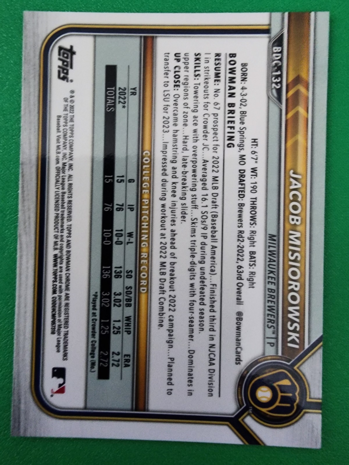 2022 Bowman chrome 1st rookie #BD-132 – Jacob Misiorowski Milwaukee Brewers rc