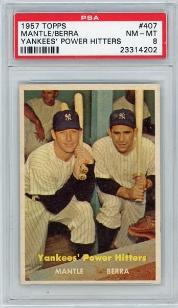 1957 TOPPS Baseball #407 Mickey MantleYogi Berra Yankees’ Power Hitters PSA 8!