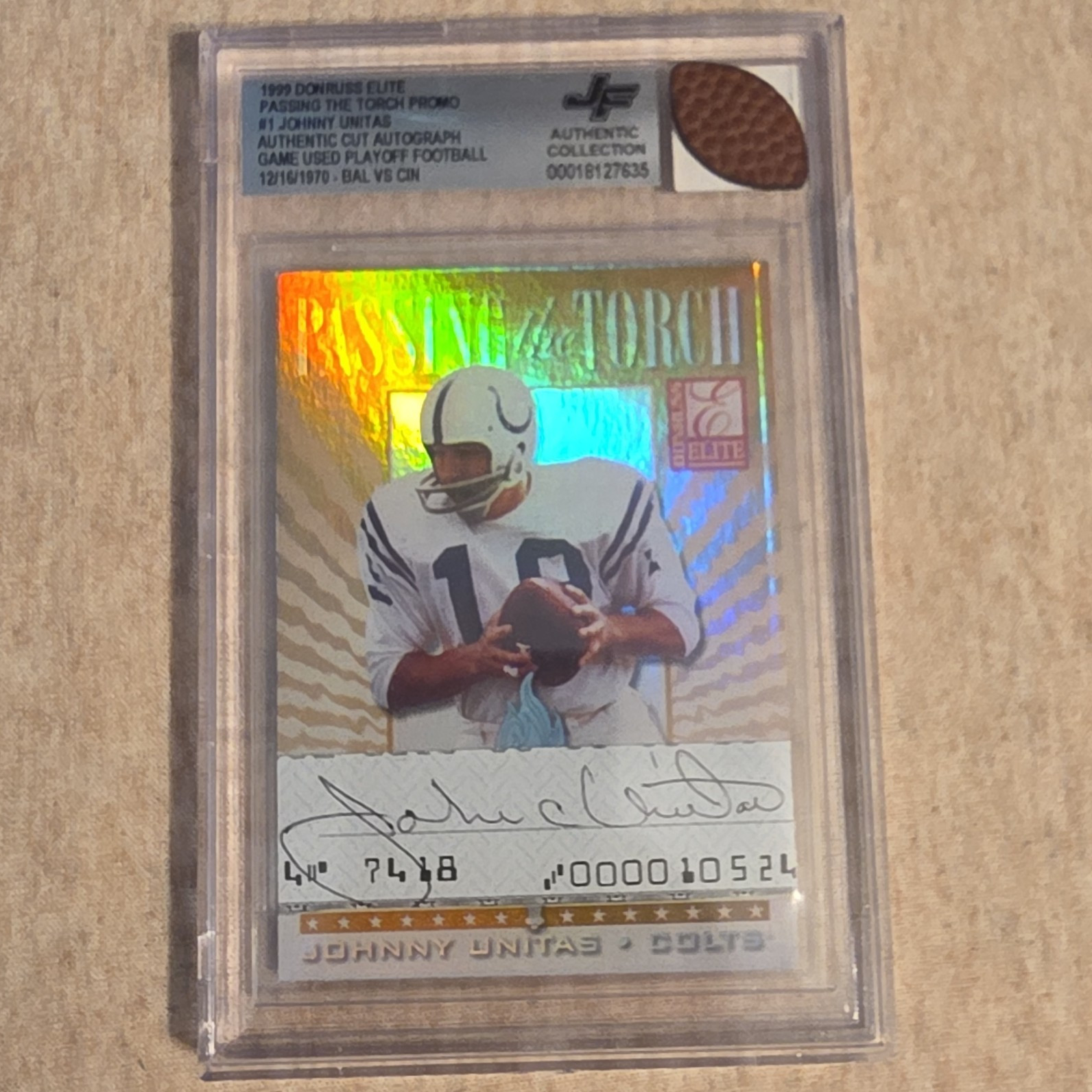 Johnny Unitas 1999 Donruss Elite Passing the Torch #1 Promo Cut Auto /48 BGS BAS