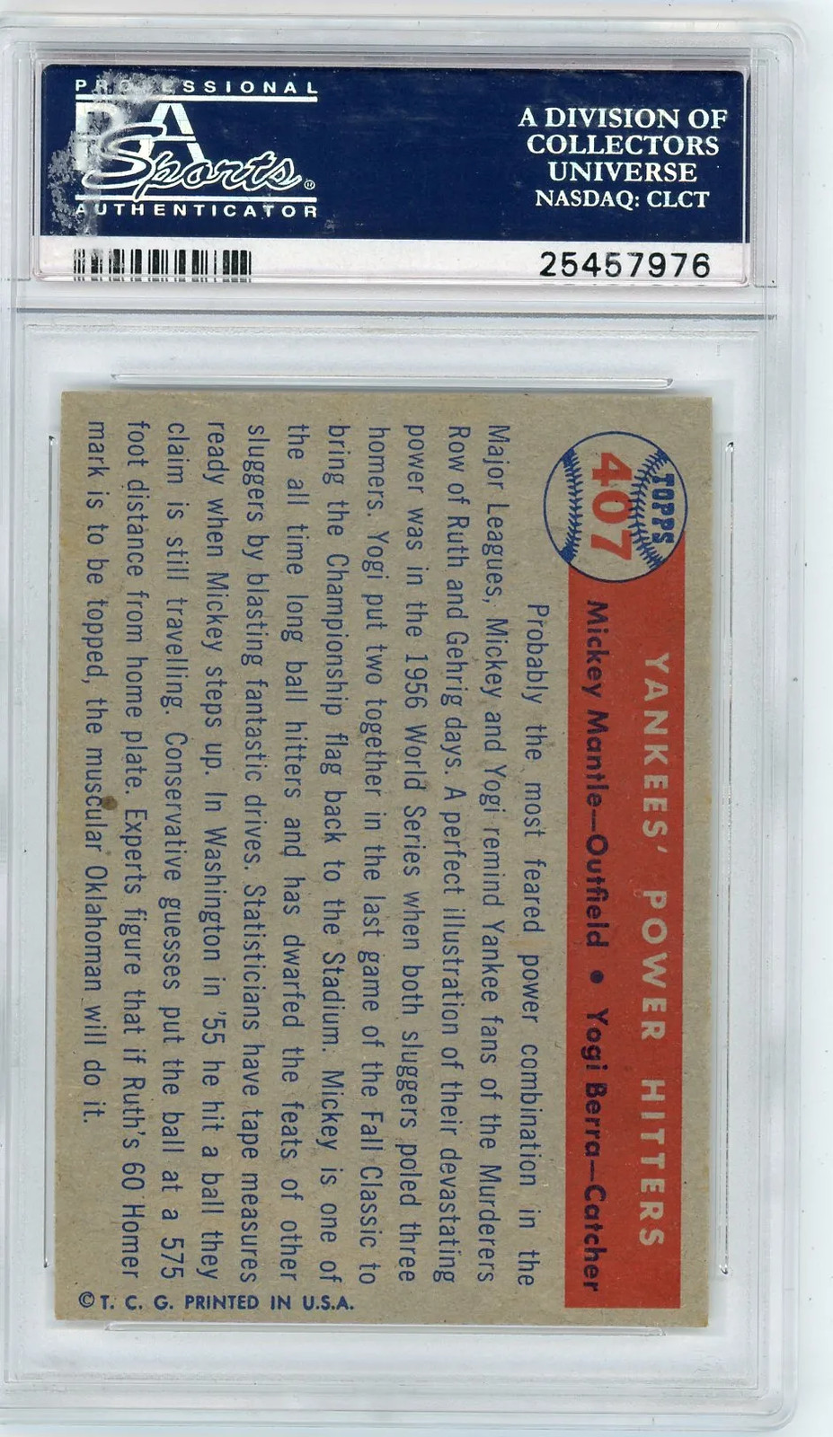 1957 Topps Berra Mantle #407 Yankees’ Power Hitters PSA 7
