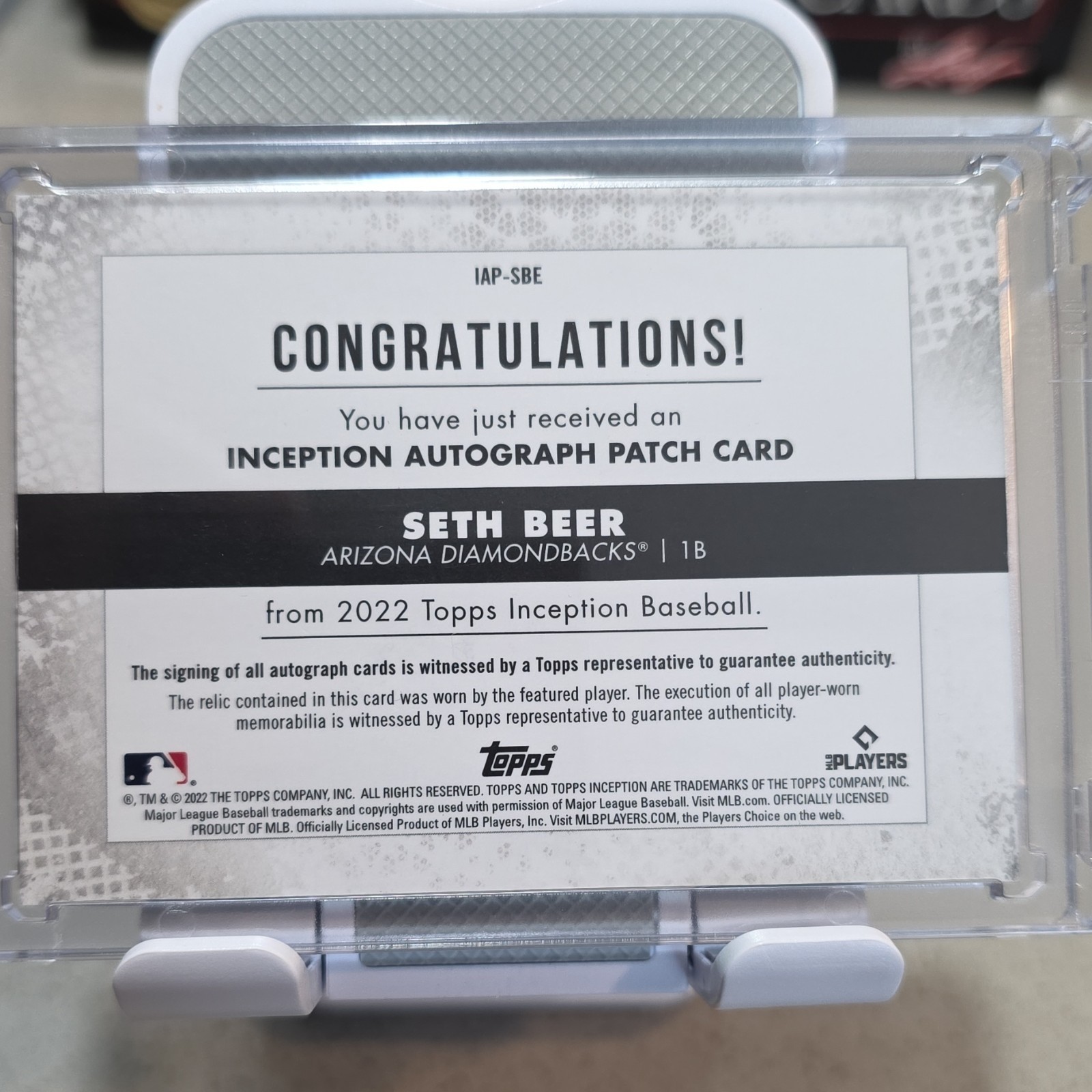 Topps Inception 2022 Seth Beer RC Auto Patch /249 #IAP-SBE Arizona Diamondbacks