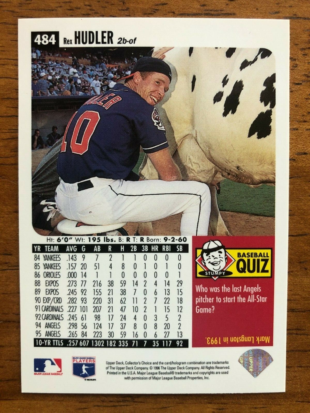 1996 Upper Deck REX HUDLER “Milking A Cow” Funny Real Baseball Trading Card #484