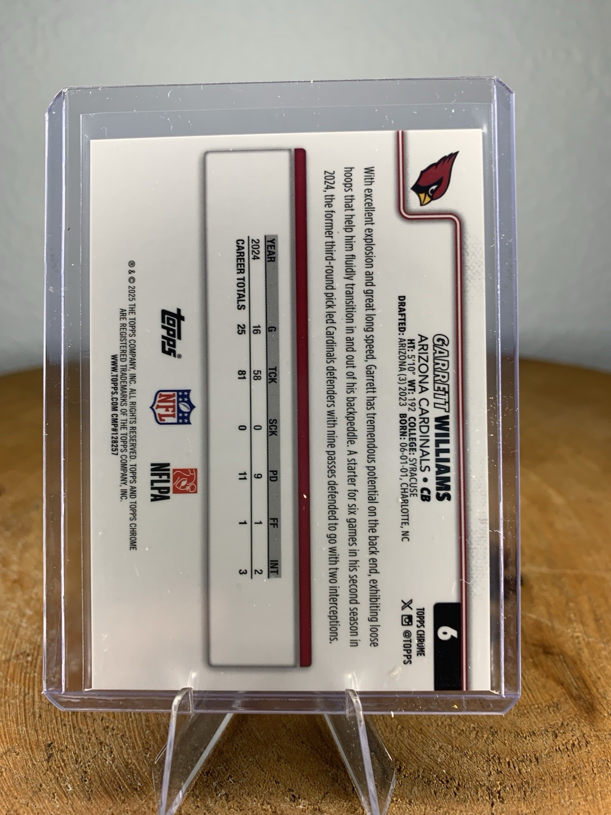 2025 Topps Chrome Garrett Williams Arizona Cardinals Gold Parrallel #6 /50