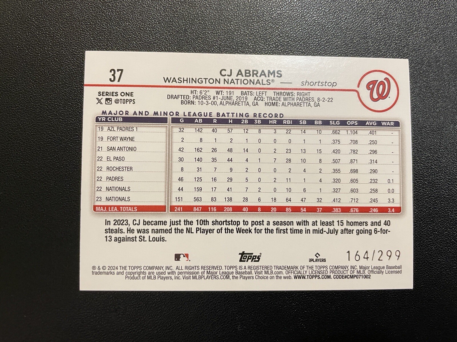 2024 Topps Series 1 Orange Crackle Foil /299 CJ Abrams #37