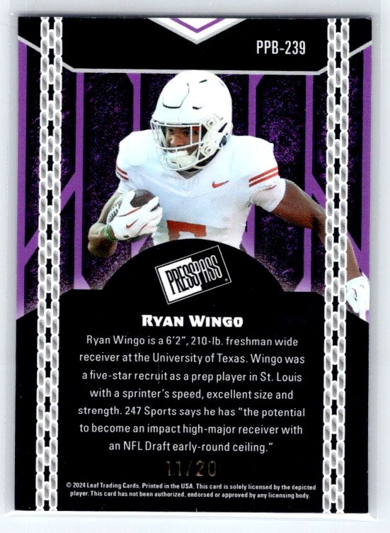 2024 Leaf Ryan Wingo #/20 Rookie Press Pass Shimmer Light Blue #PPB-239
