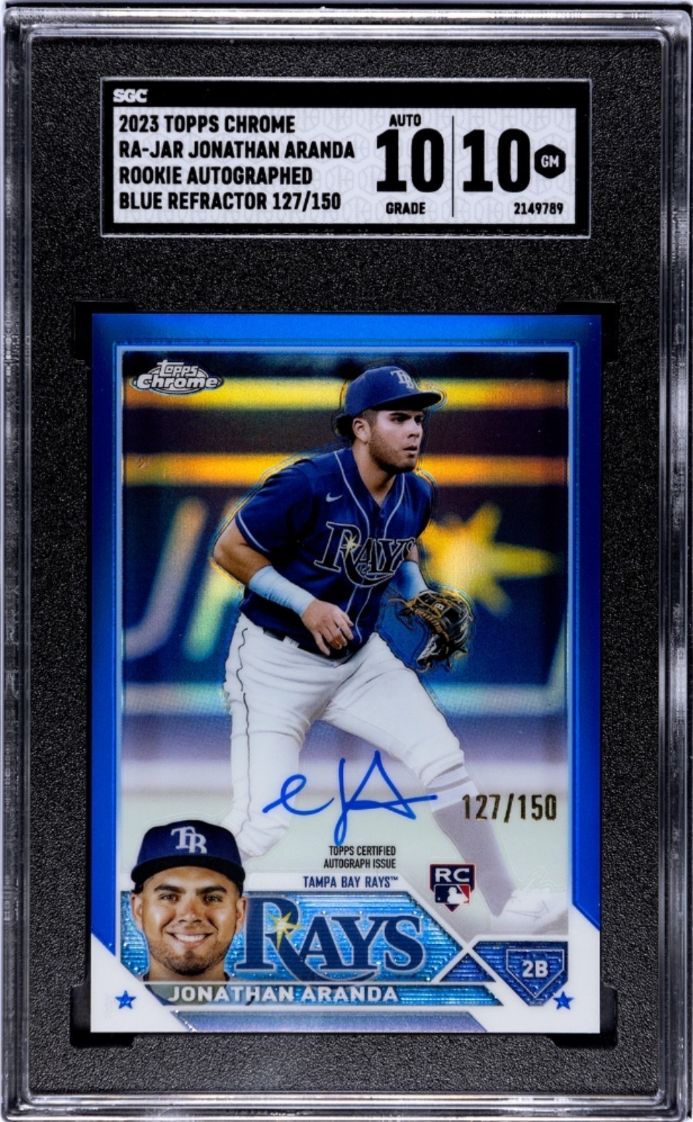 2023 Topps Chrome #RA-JAR Jonathan Aranda Blue Ref.. RC Auto #d 127/150 SGC 10