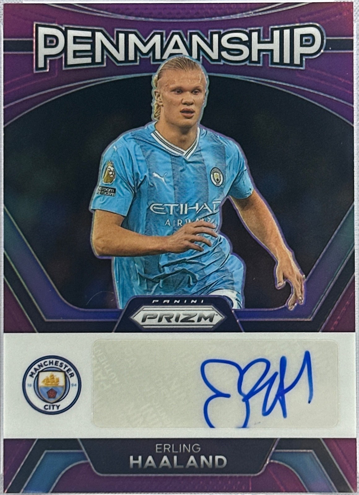 2023-24 Panini Prizm Premier League – Penmanship Erling Haaland #P-EH Purple /25