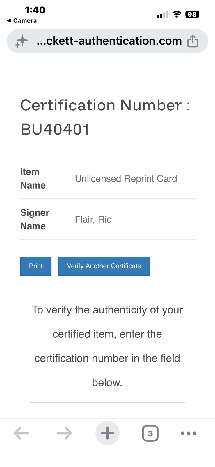 1982 Wrestling All Stars Reprint Trading Card Ric Flair Signed BGS authentic