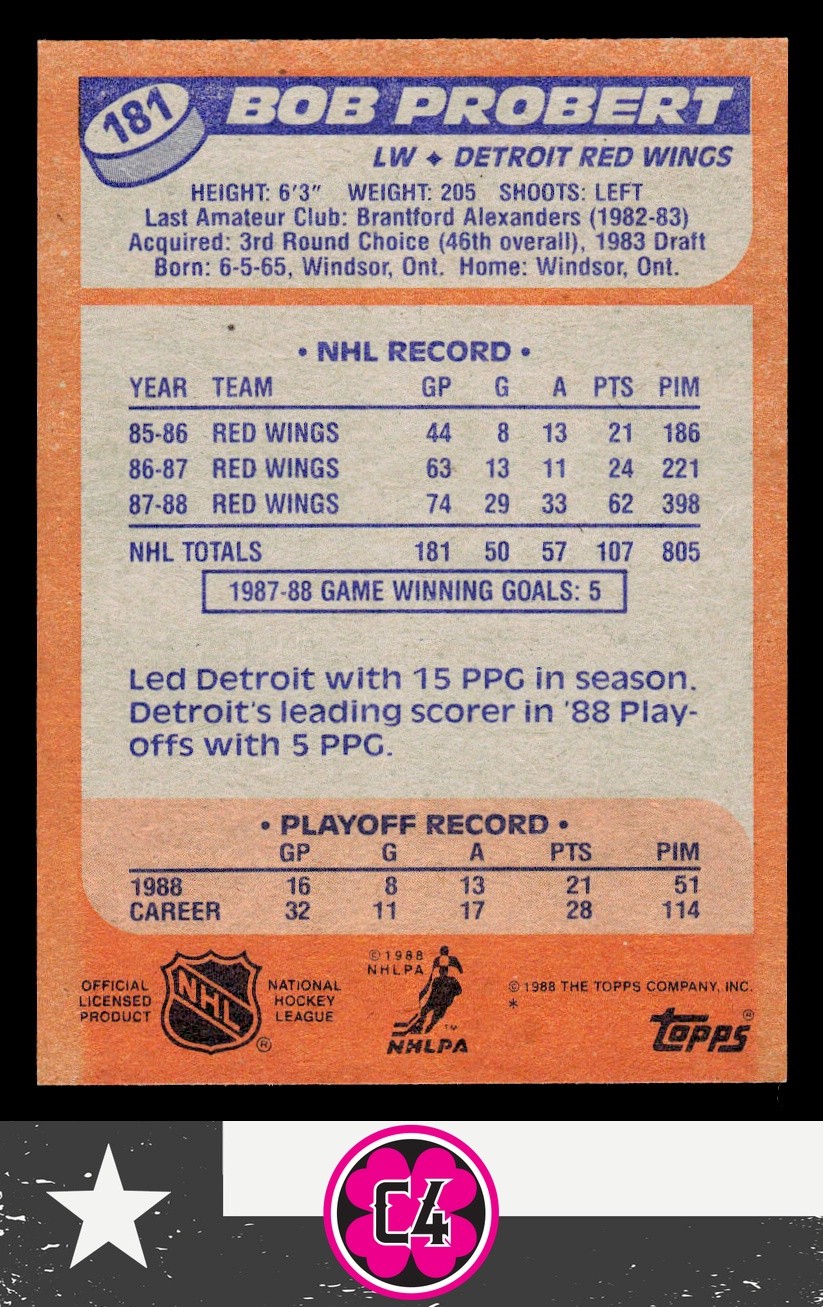 Bob Probert 1988-89 Topps Rookie RC #181 Detroit Red Wings