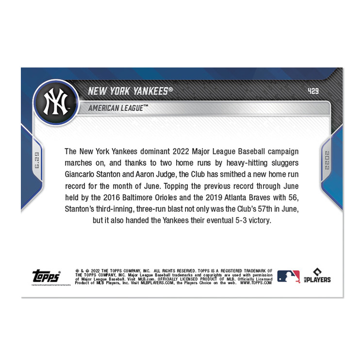 2022 Topps NOW #429 NY Yankees MLB Record HR’s in June – Free Shipping!