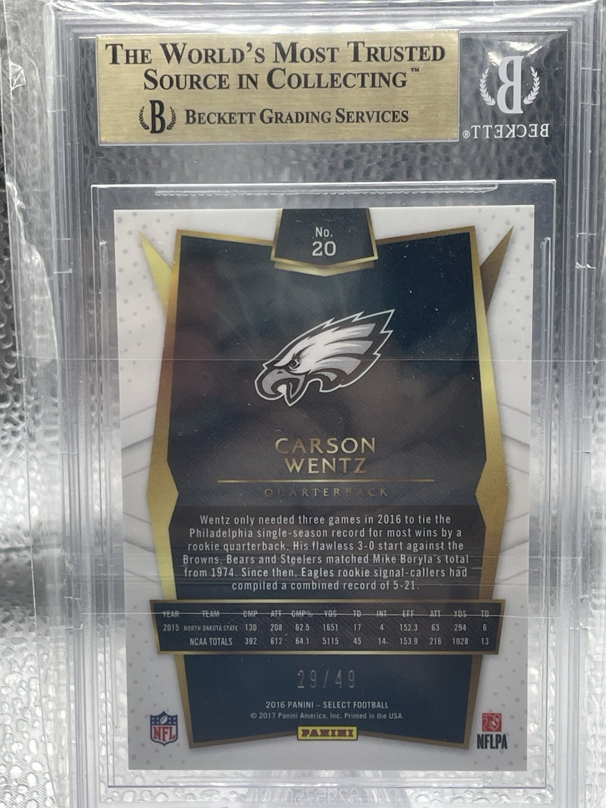 Panini 2016 Select Carson Wentz #20 Orange Prizm /49 RC BGS 9.5