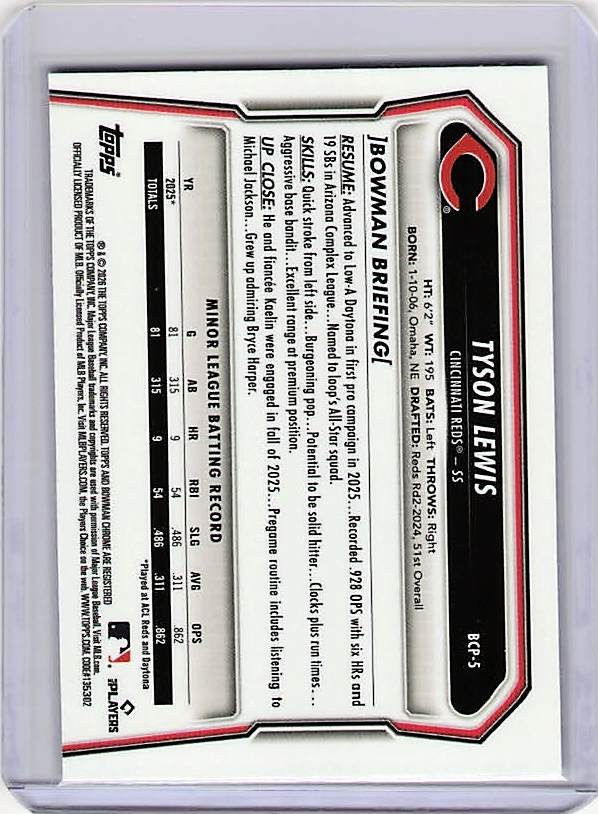 2026 Bowman #BCP-5 Tyson Lewis Chrome Prospects X-Fractor Cincinnati Reds