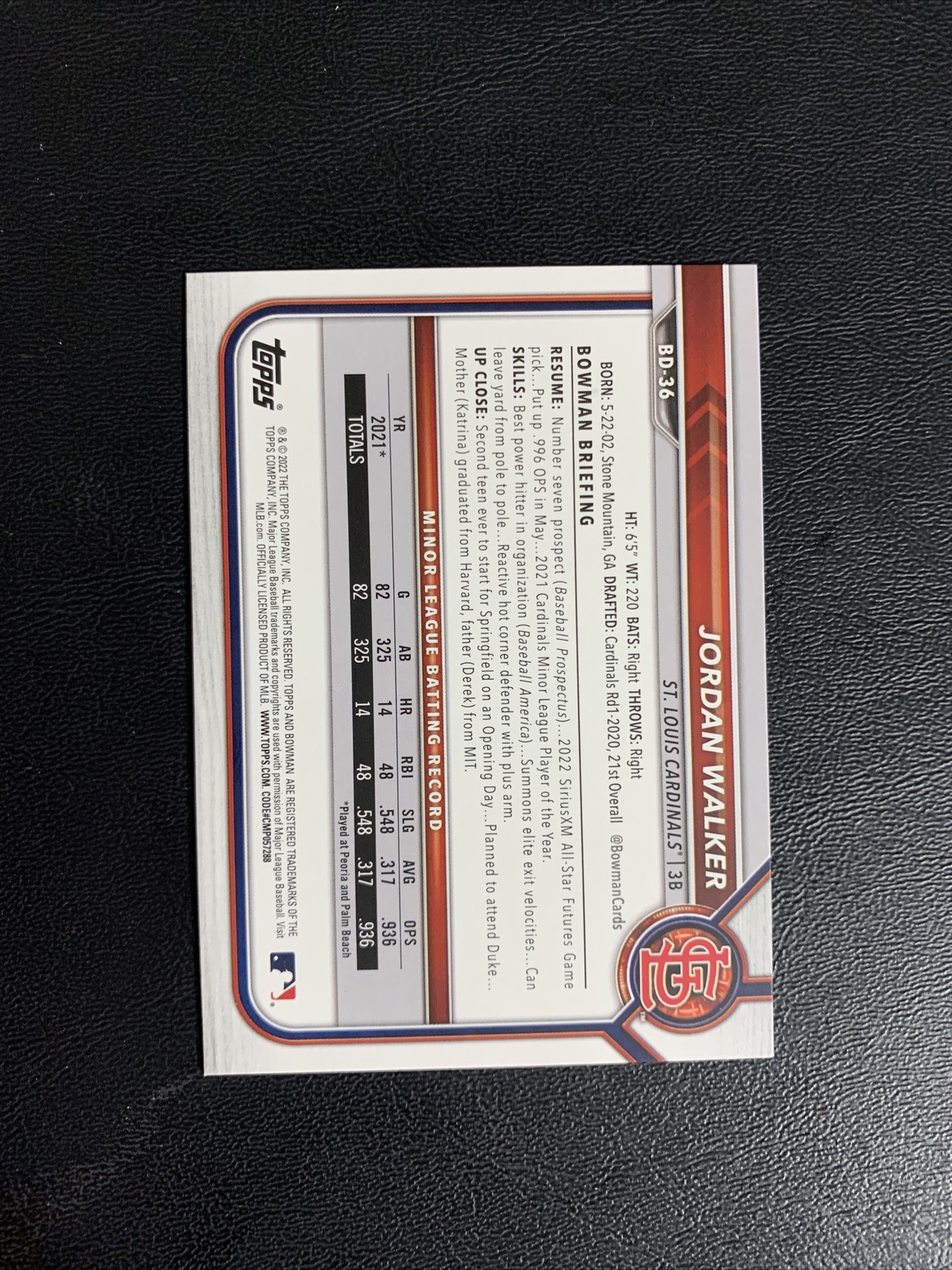 2022 Bowman Draft Jordan Walker St Louis Cardinals BD-36