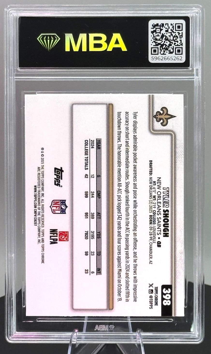 🔥2025 Topps Chrome Tyler Shough RC Purple Refractor 6/75 Jersey Match MBA 10🔥