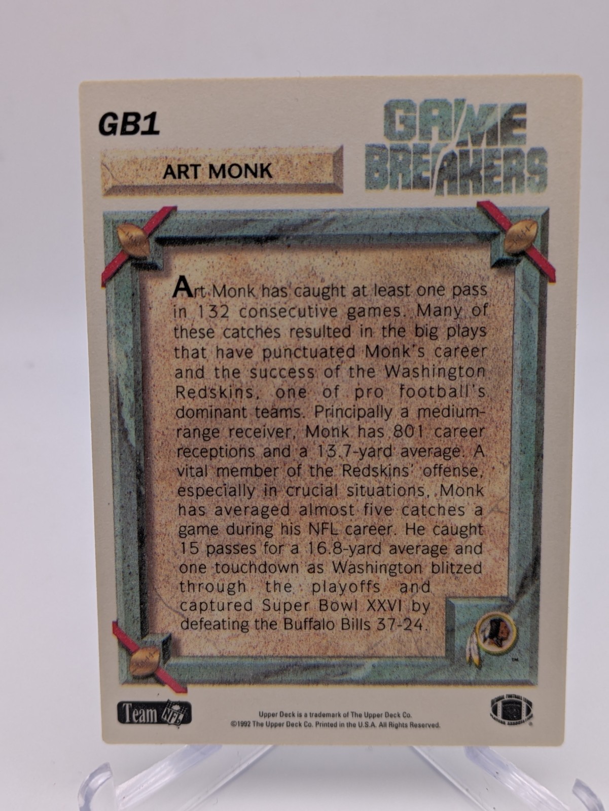 💥 Art Monk 1992 Upper Deck #GB1 Washington Redskins Game Breakers; HOF