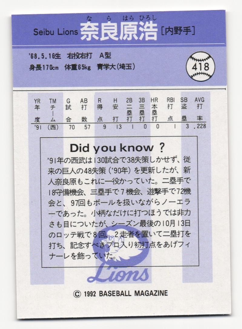 1992 BBM #418 Hiroshi Narahara Seibu Lions