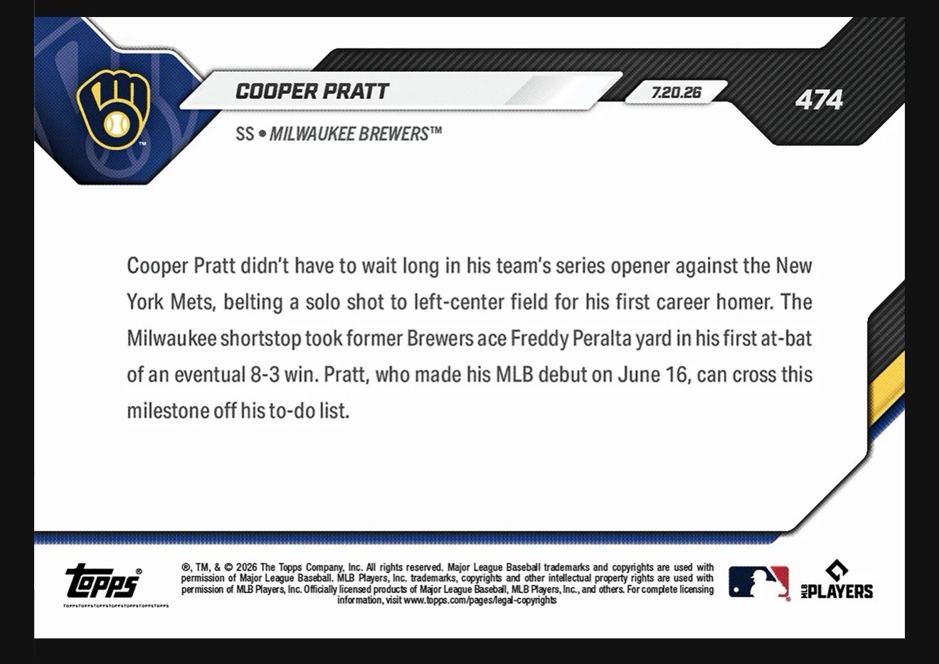 Cooper Pratt Call-Up Brewers 1st HR 2026 MLB Topps NOW Card 474 Presale