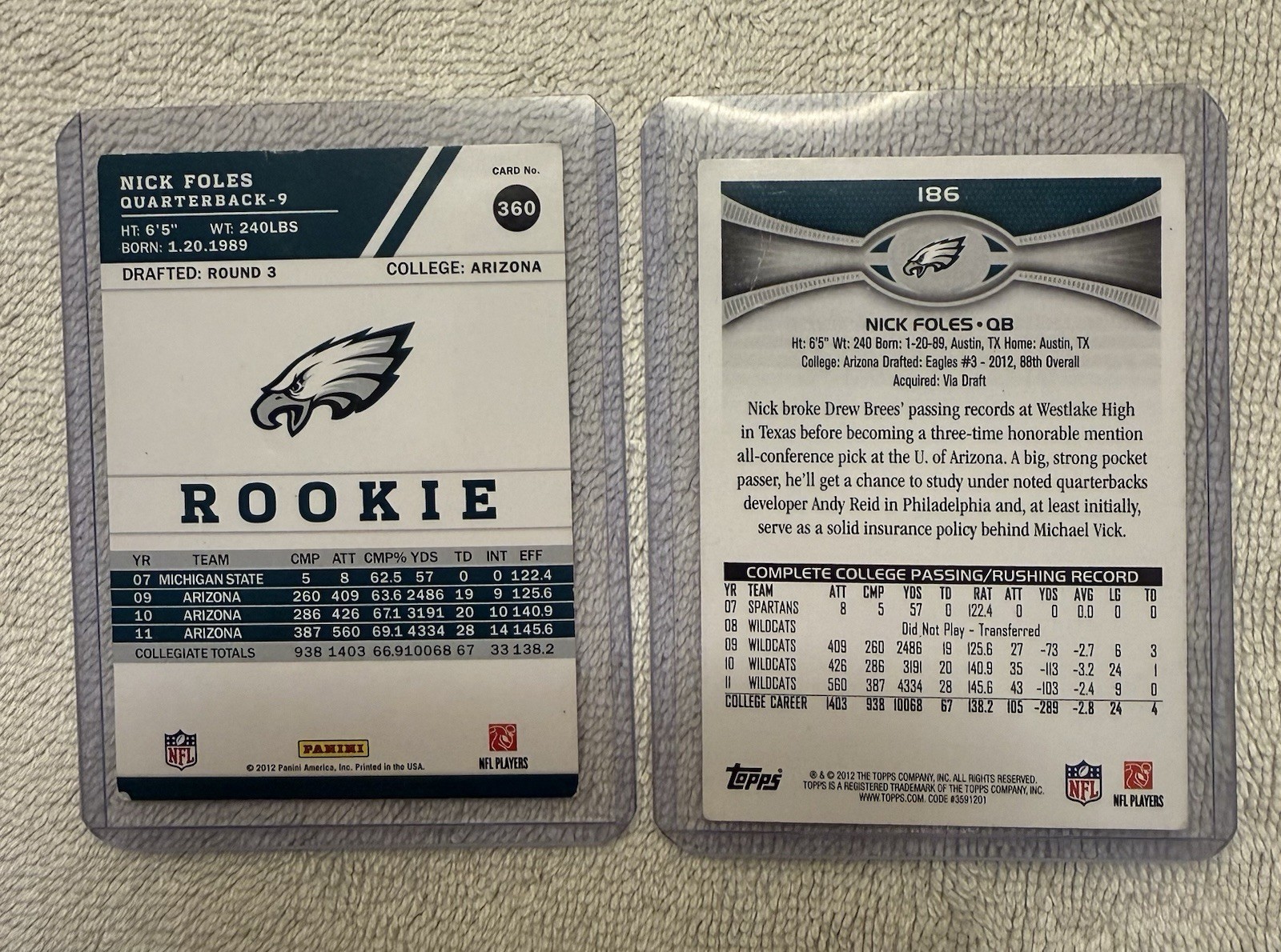2012 Topps – SP Image Variation Nick Foles #186 & SCORE rookie #360