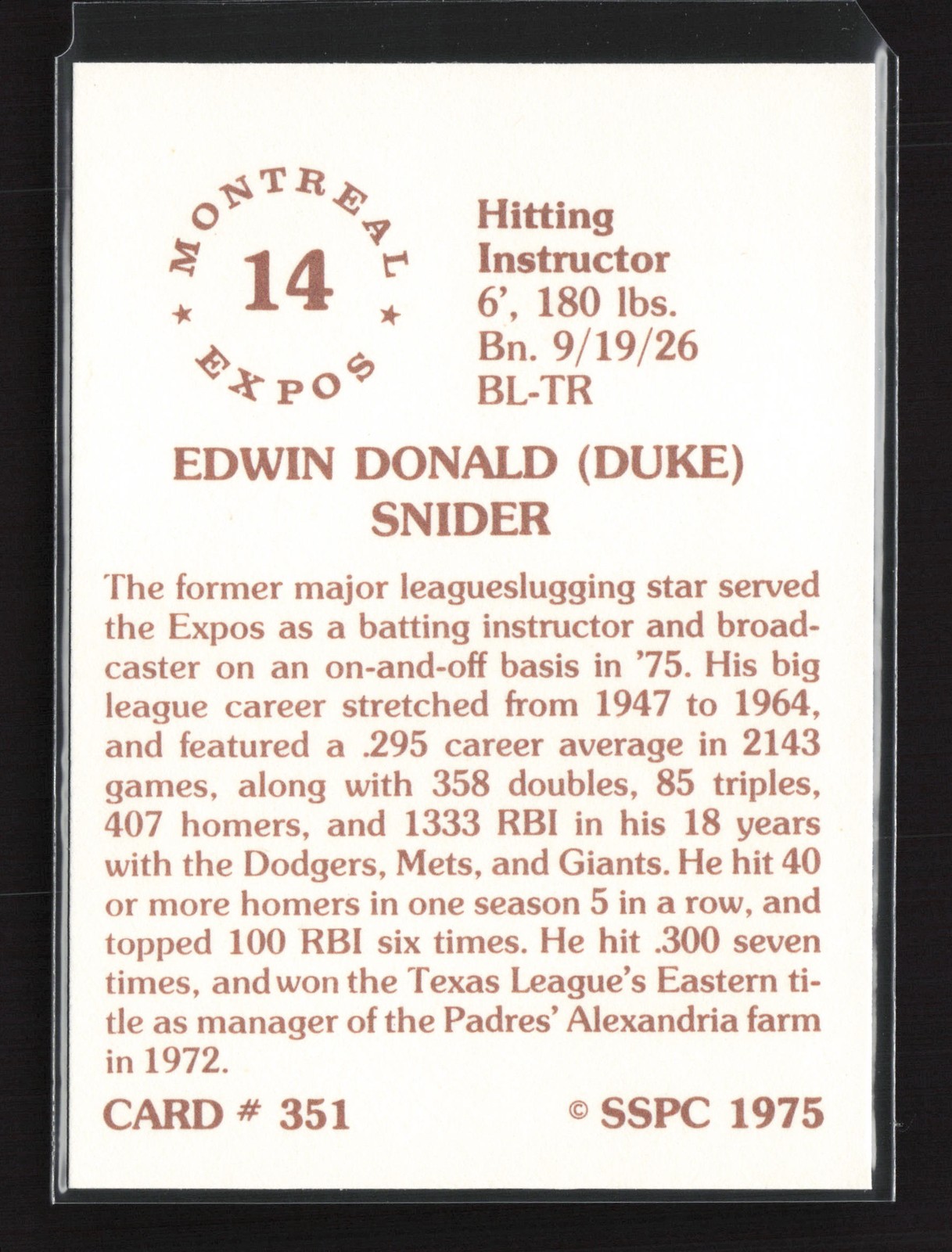 Duke Snider 1976 SSPC #351 TYV