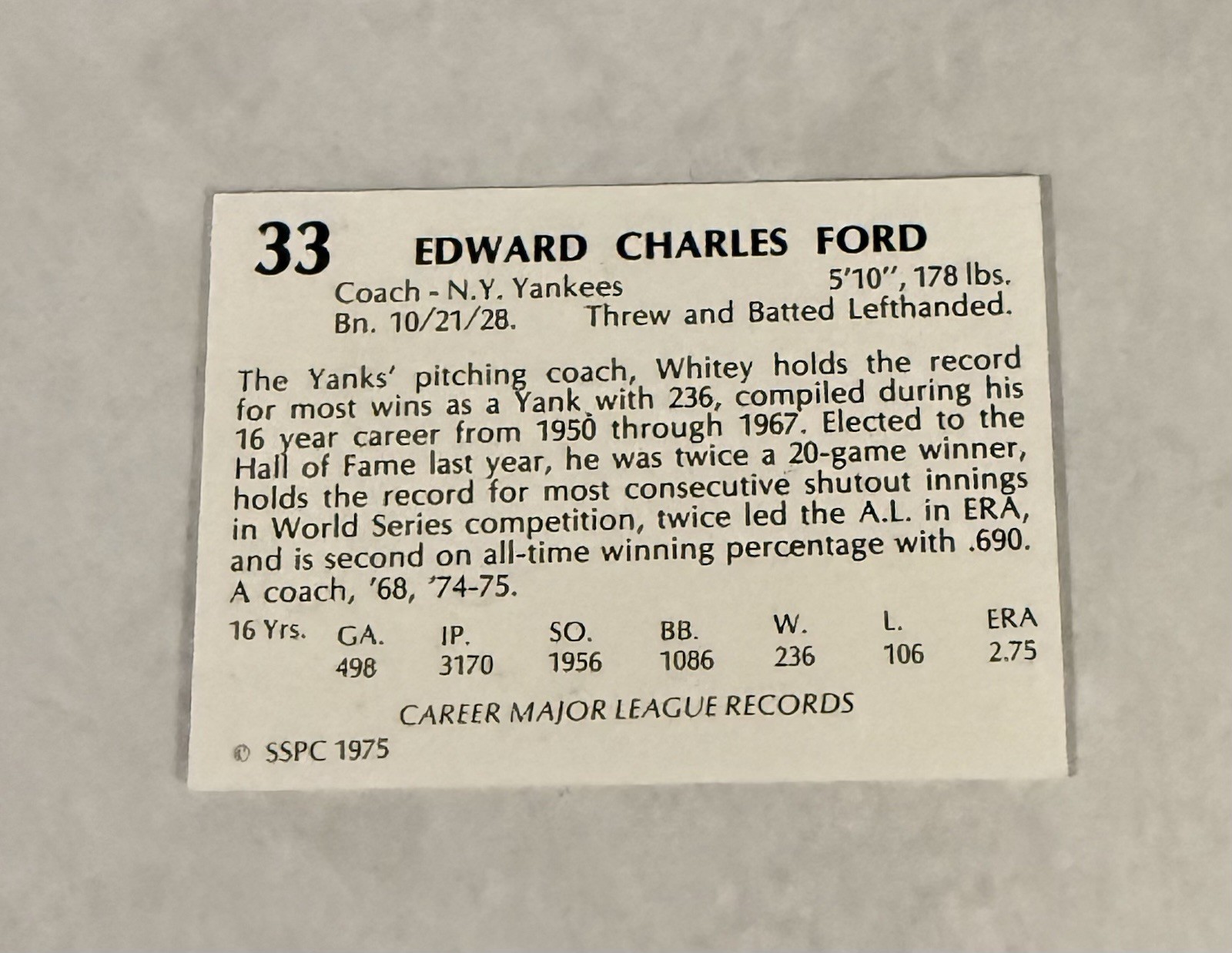 1975 SSPC Card # 33 – Whitey Ford – New York Yankees – NMT