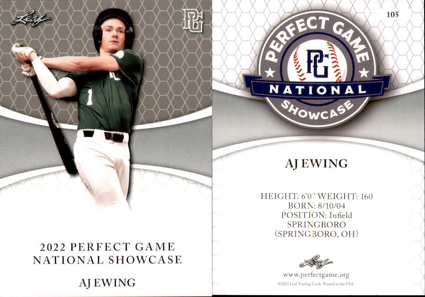 AJ EWING 2022 LEAF PERFECT GAME “National Showcase” ROOKIE CARD #105