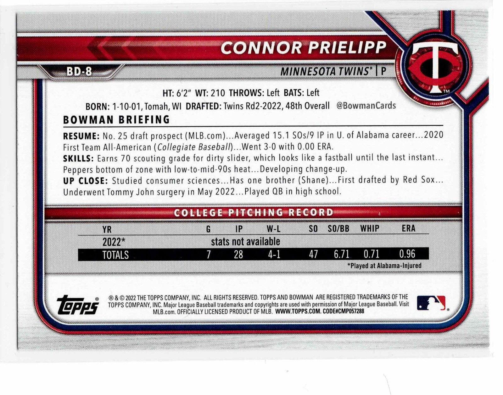 Connor Prielipp Minnesota Twins 2022 Bowman Draft 1st Bowman
