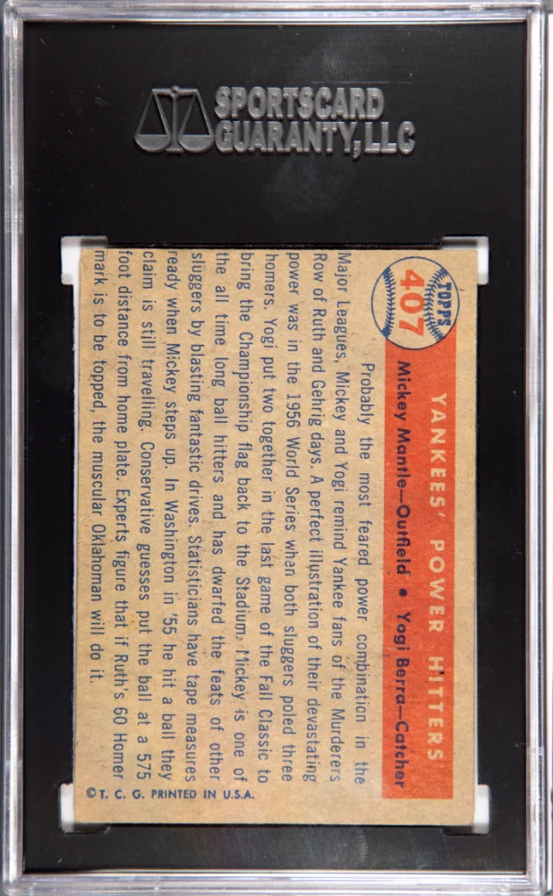 1957 Topps #407 Yankees’ Power Hitters w/ Mickey Mantle SGC 4