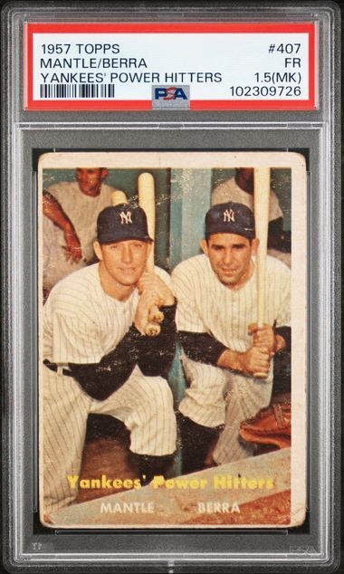 1957 Topps #407 MICKEY MANTLE/ YOGI BERRA – PSA 1.5 (MK) – YANKEE POWER HITTERS