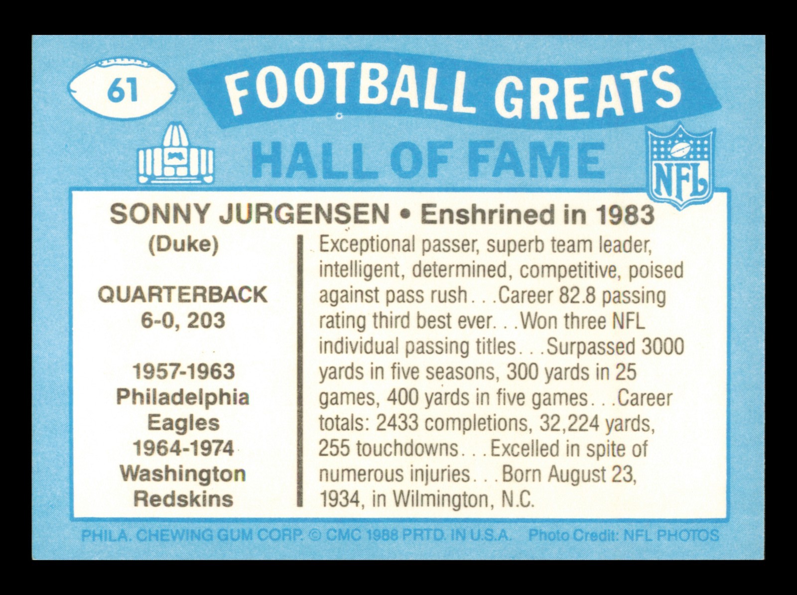 Sonny Jurgensen Signed 1988 Swell Card #61 Card Washington Redskins