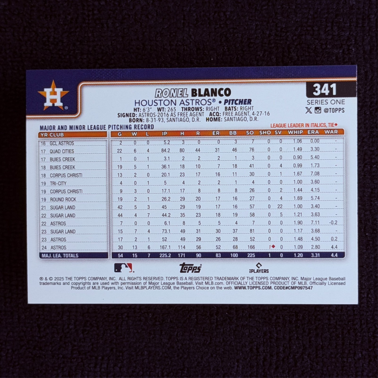 Ronel Blanco – 2025 Topps Series 1 – Houston Astros – #341 – Silver Shimmer Foil