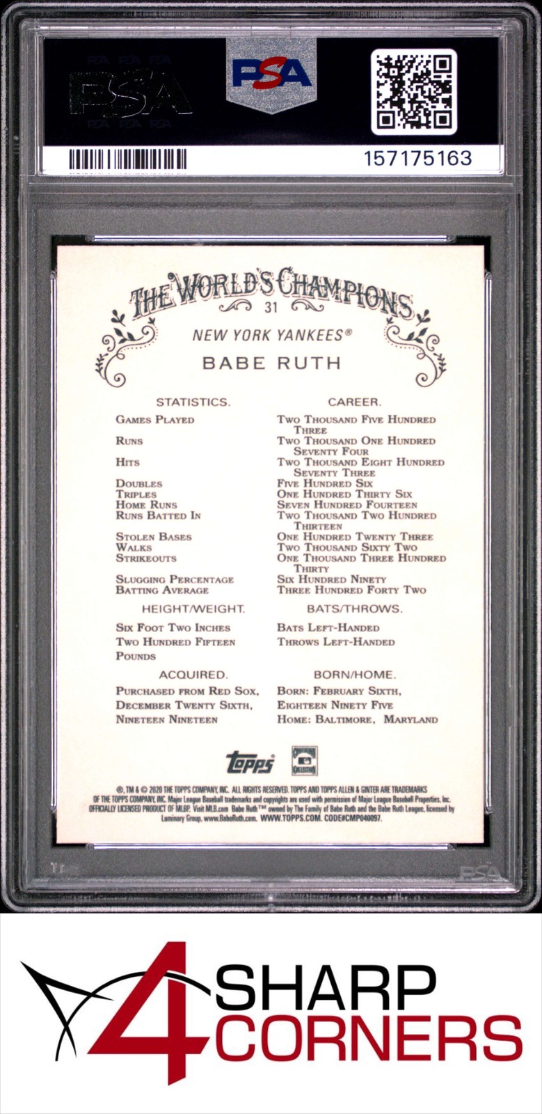 2020 TOPPS ALLEN & GINTER #31 BABE RUTH HOF POP 3 PSA 9