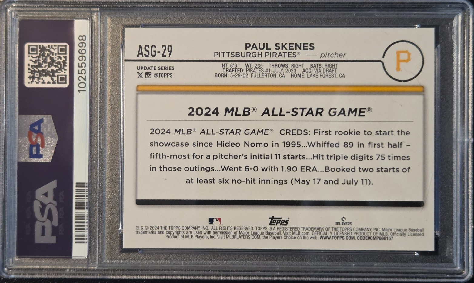 2024 Topps Update Series All-Star Game RC Rookie PSA 10 #ASG-29 – Paul Skenes