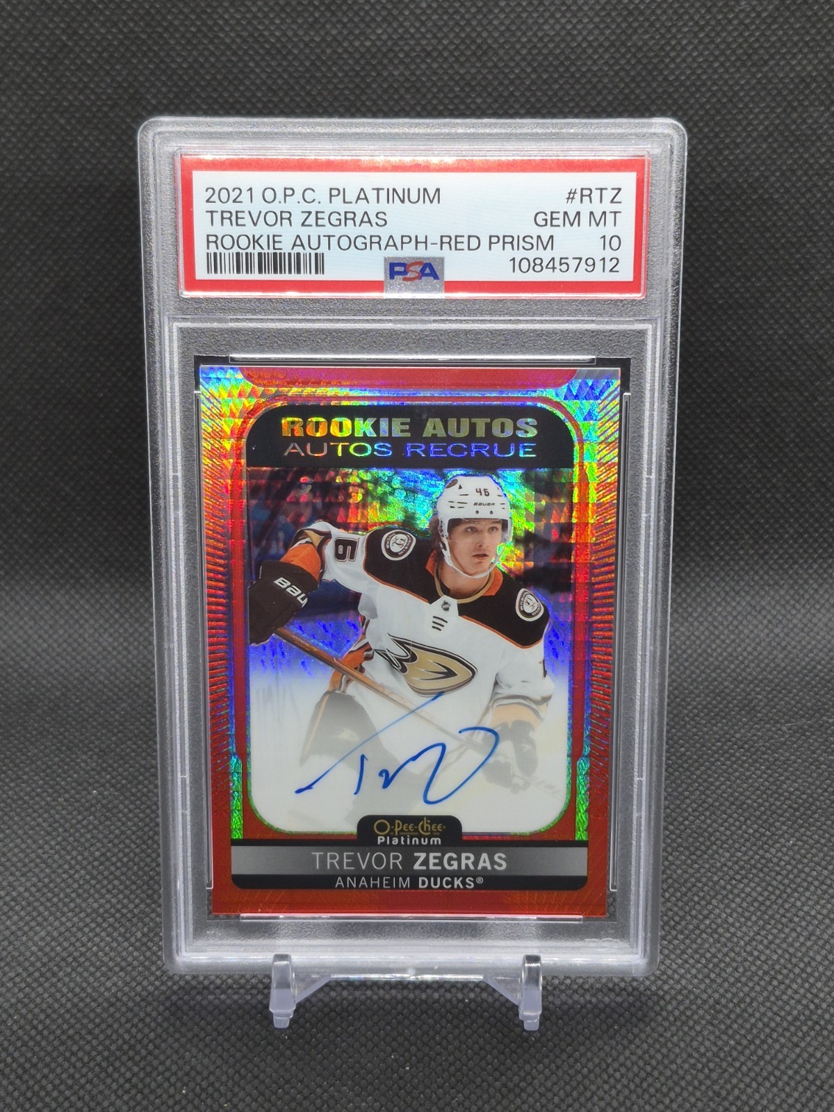 2021-22 O-Pee-Chee Platinum Rookie Auto Trevor Zegras #R-TZ Red Prizm /60 PSA 10