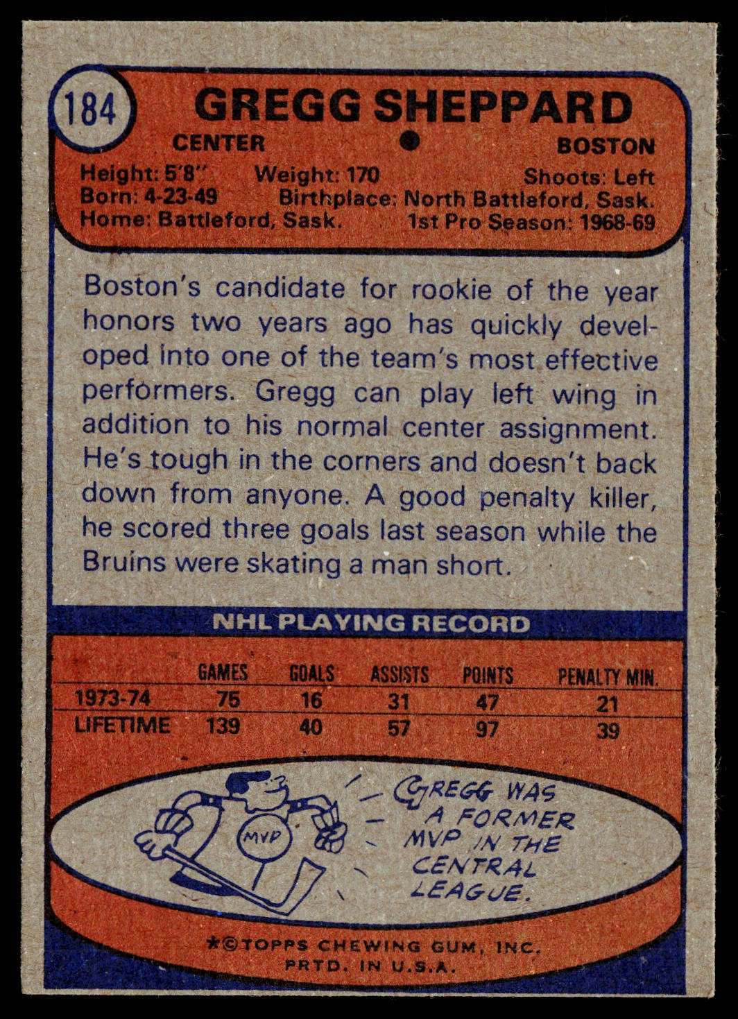 1974-75 Topps #184 Gregg Sheppard Boston Bruins