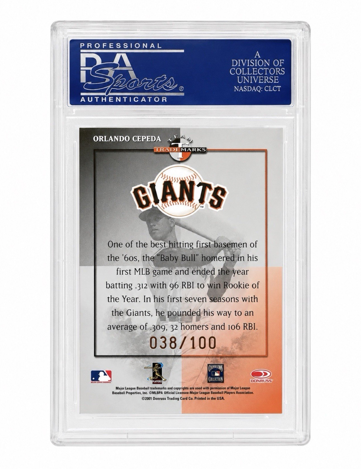2001 Donruss Signature Orlando Cepeda Team Trademarks AU 038/100 PSA 8 SF Giants