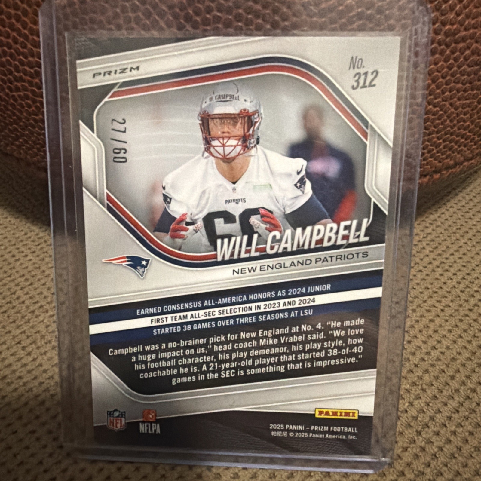 2025 Panini Prizm – Rookies Will Campbell #312 Super Bowl LX Prizm /60 (RC)