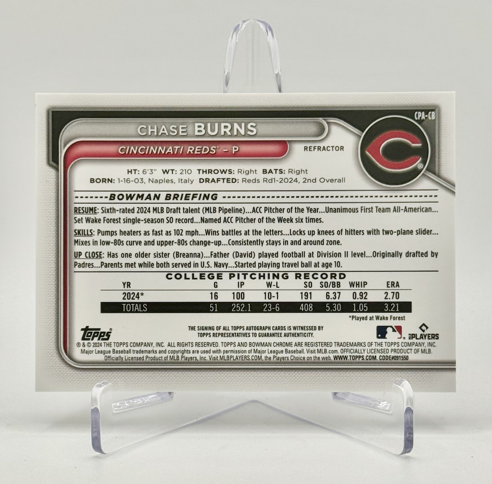Chase Burns 2024 Bowman Draft Chrome 1st Auto RC Refractor /499 #CPA-CB