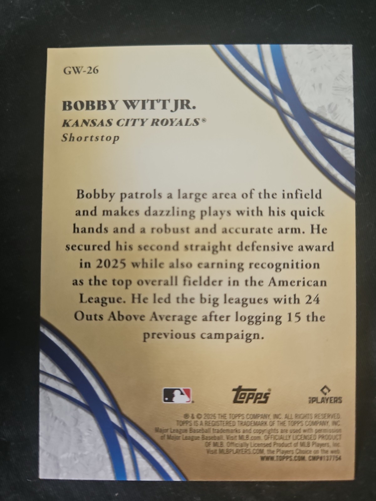 (ITEM D832) BOBBY WITT JR. – 2026 TOPPS GLOVE WORK #GW26