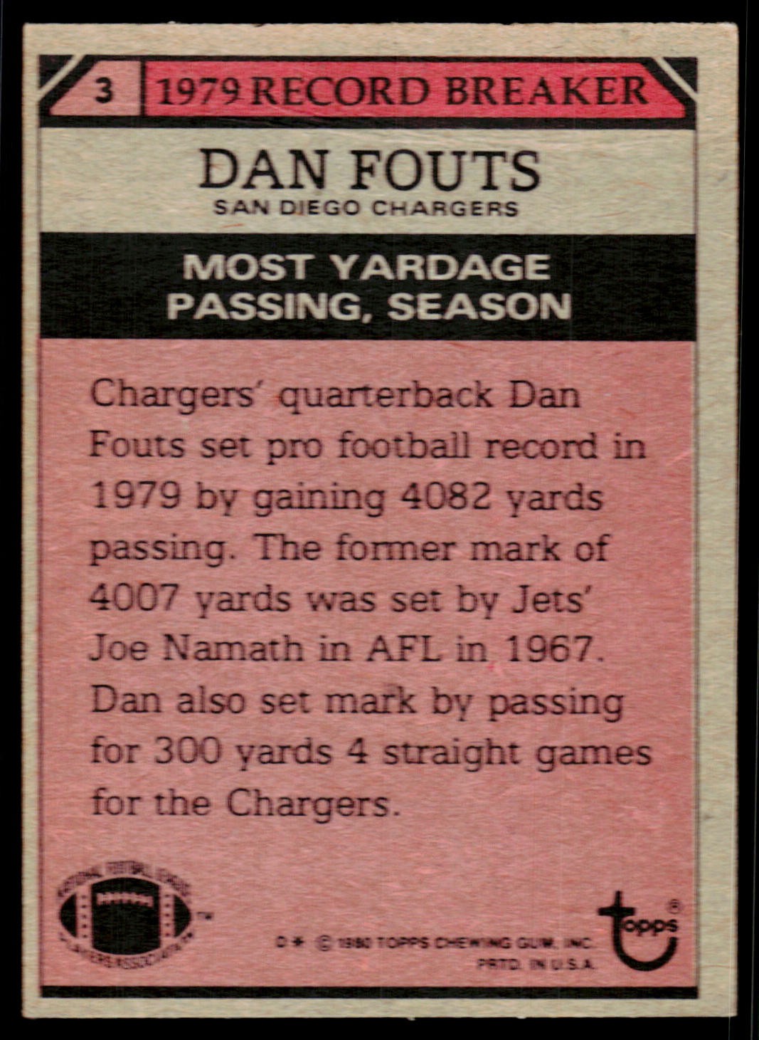 Dan Fouts, 1980 Topps, #3, San Diego Chargers,